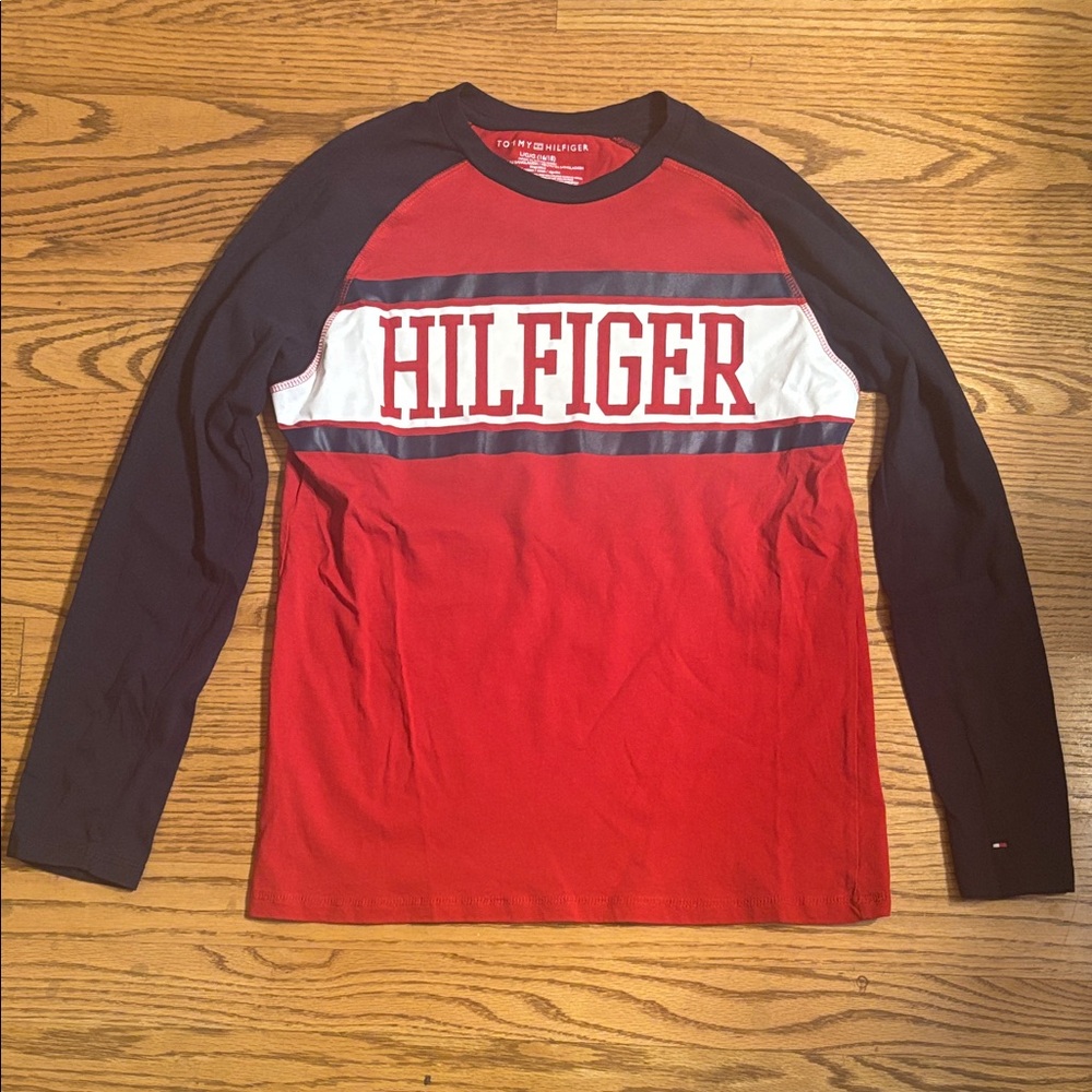 Tommy Hilfiger Red and Navy Blue Crew Neck Long Sleeve Shirt. Boys Size 16/18
